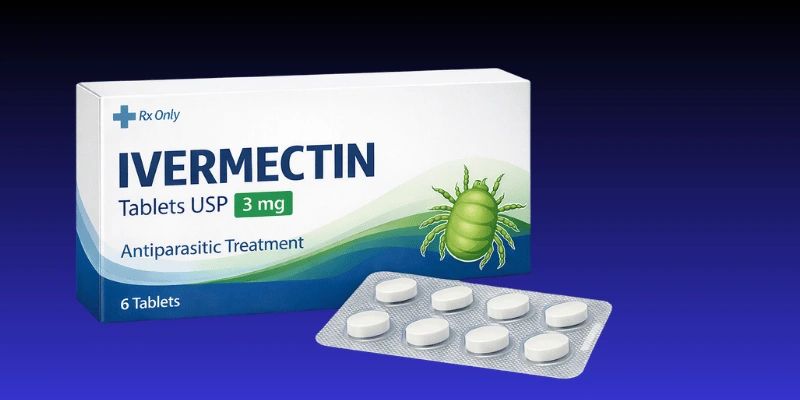Box of ivermectin tablets for antiparasitic treatment, 3 mg dose.