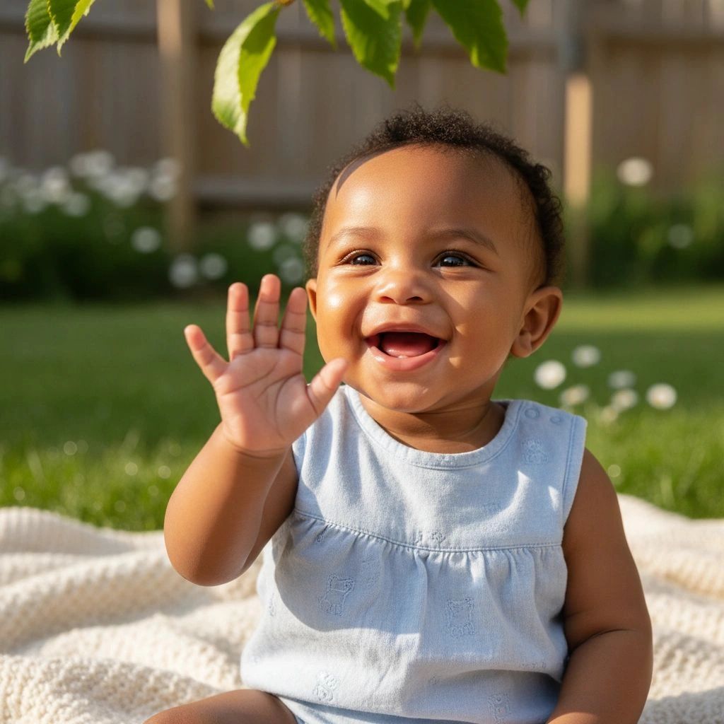 A smiling, happy black/African American baby, waving.
