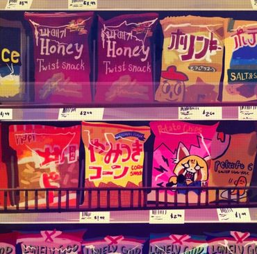 Colorful Japanese snack packages on store shelves.