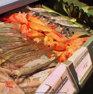 Fresh fish displayed on ice at a market with price tags.