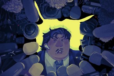 Illustration of a person surrounded by cameras and microphones, looking stressed.