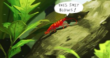 A red crayfish on a rock saying "This shit blows!" in a comic-style speech bubble.