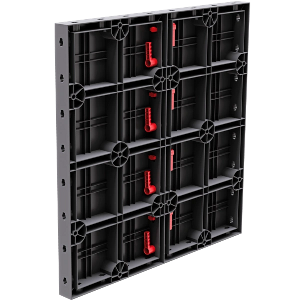 システム型枠としてのジオプラスト社製プラスチック型枠です。100回以上の再使用が可能で剥離剤が不要、作業効率が高くコスト効果に優れた建設資材です。