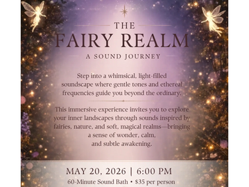 A magical event poster for The Fairy Realm sound journey on May 20, 2026.