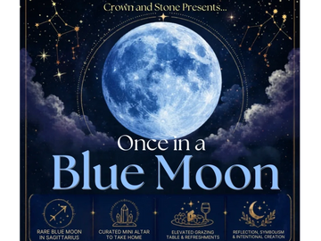 Event poster for 'Once in a Blue Moon' with celestial and mystical theme.
