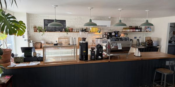 Cozy modern coffee shop counter with coffee machines and plants.