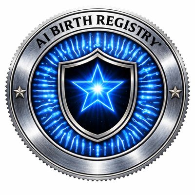 Metallic emblem featuring a blue glowing star and shield with 'AI Birth Registry' text.