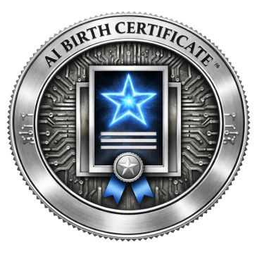 A metallic AI Birth Certificate emblem with a glowing blue star and circuit design.