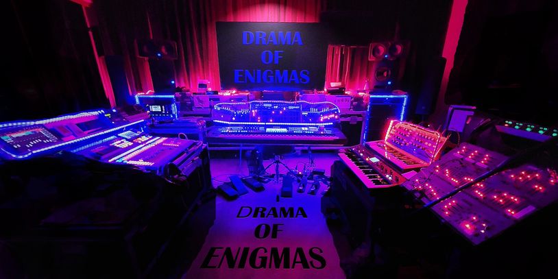 A dimly lit music studio glowing with neon blue and purple lights.