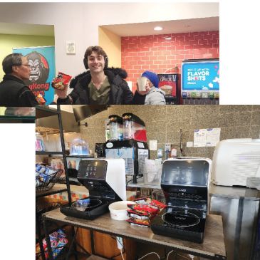 People enjoying snacks and ramen cooking machines at a casual eatery.
