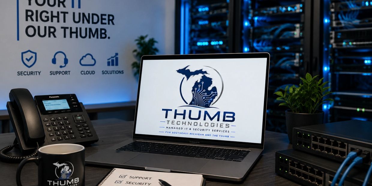 Workspace featuring Thumb Technologies logo on laptop and office equipment.