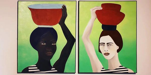Painting of two women with pots on their heads.