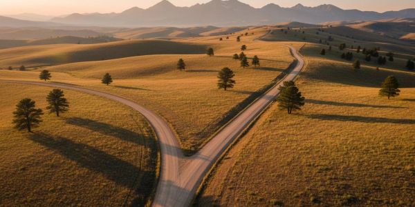 A winding dirt road splits in a golden field at sunset.