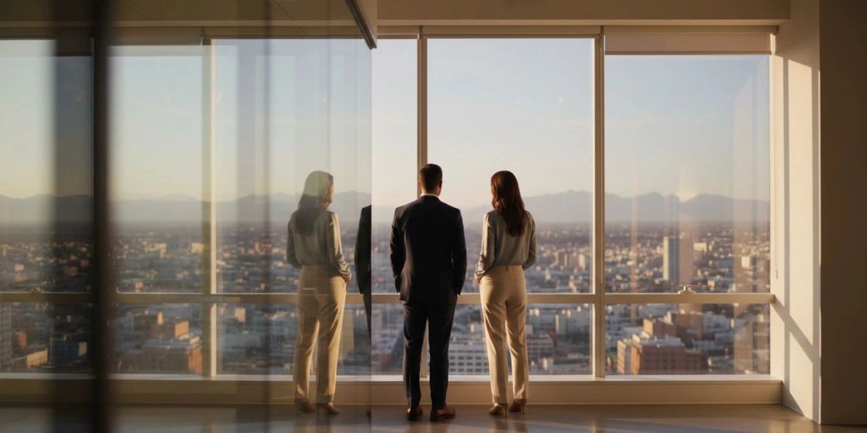 Three professionals looking out of a large window at the city.