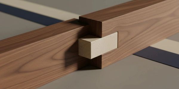 Wooden joint with a beige peg connecting two beams.