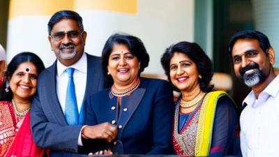 a group of five urban well-dressed middle-aged smiling Indian individuals.