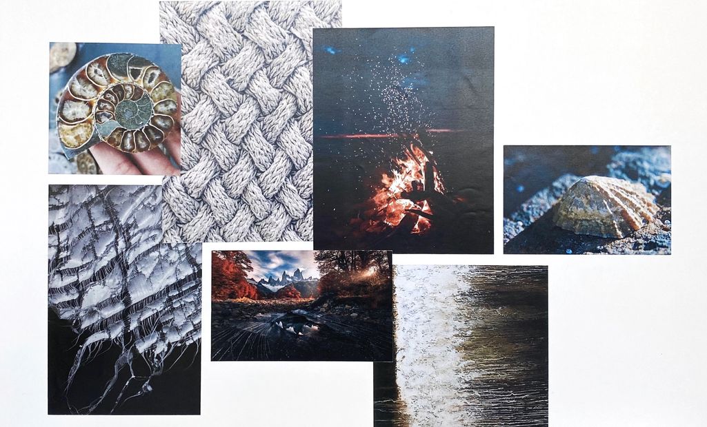 Moodboard with deep blue and silver grey themes, accent shades of deep autumn orange. Nature/ fabric