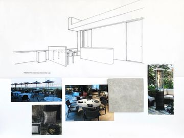 Rooftop bar perspective drawing. Floor tile, outdoor heater, grey lux cushions, tables, parasols.