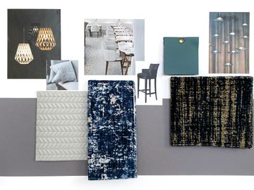 Sample board with blue and neutral tones. Fabric samples, hanging lights/ chandeliers, white chairs.