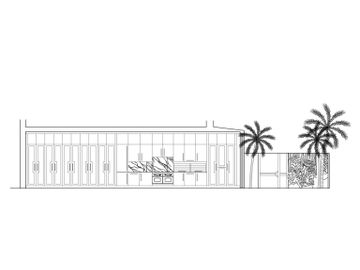 Elevation CAD drawing of open space kitchen. Counter with marble splash back, 2 ovens, cupboards.