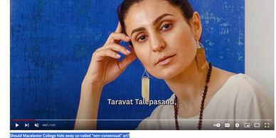 Woman with serious expression in a video interview setting.