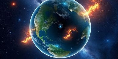 Earth with fiery explosions in space.