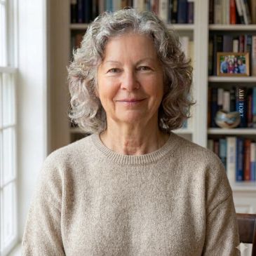 Smiling elderly woman in beige sweater indoors.