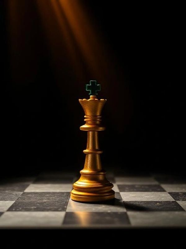 A golden chess king on a chessboard with dramatic lighting.