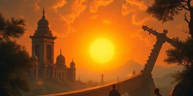 Sunset behind a temple with two people in foreground.