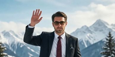 Man in suit waving with snowy mountains behind.