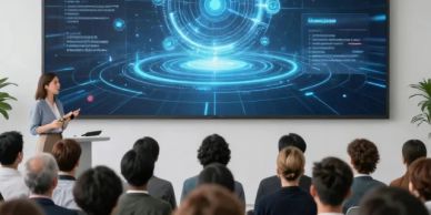 A woman presenting futuristic data to an audience.