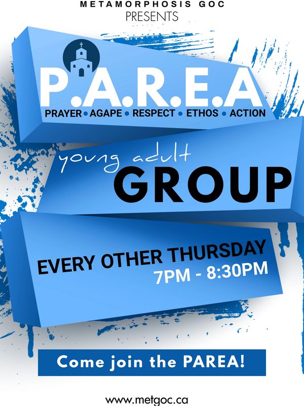Flyer for PAREA young adult group meeting every other Thursday from 7 to 8:30 PM.