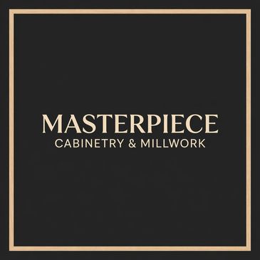 Logo for Masterpiece Cabinetry &amp; Millwork with elegant beige text on a black background.