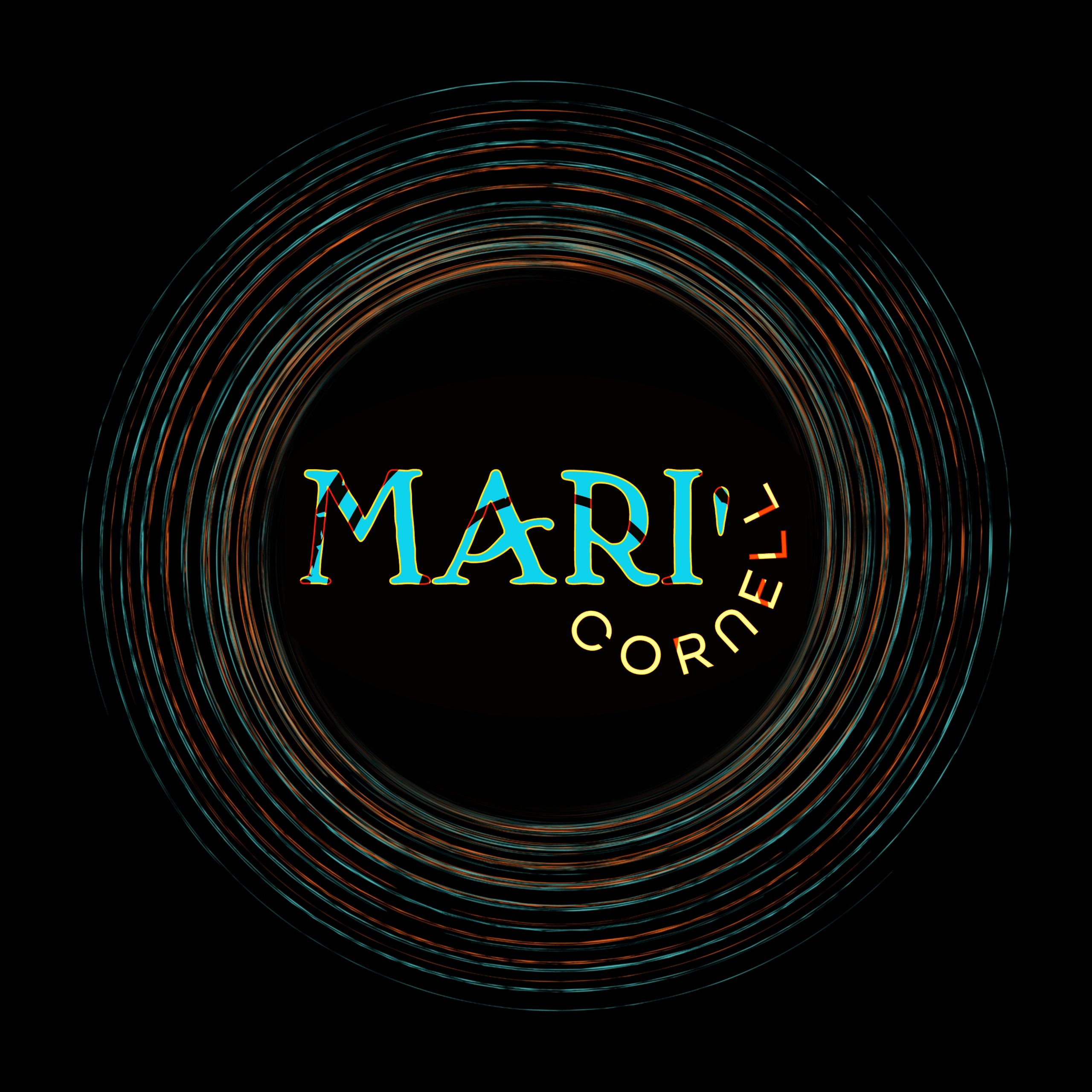 Graphic text 'MARI' with circular neon-like lines in blue and orange on black.
