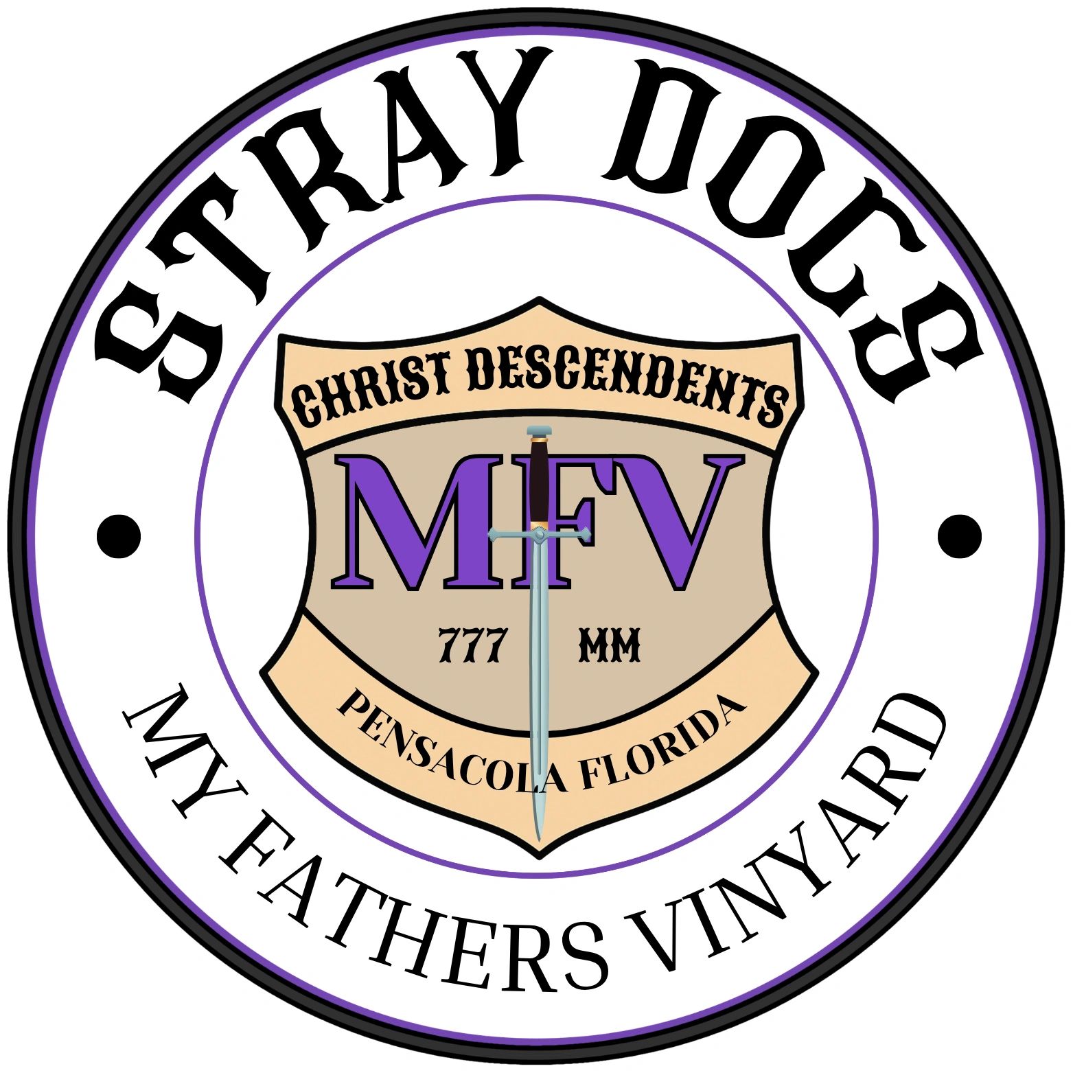 Emblem of My Fathers Vineyard with a sword and shield design.