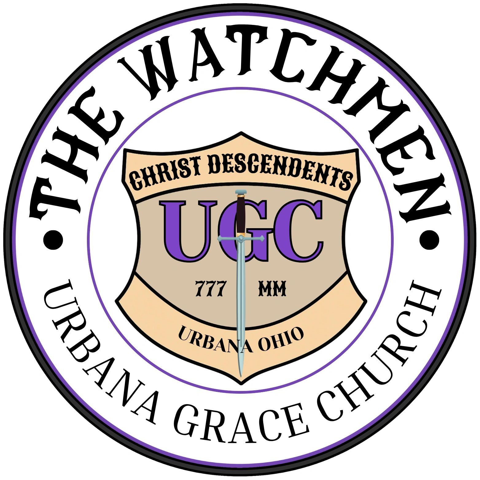 Logo of The Watchmen Urbana Grace Church with a sword and shield design.