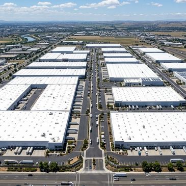 Aerial view of a large industrial park with warehouse buildings and trucks.