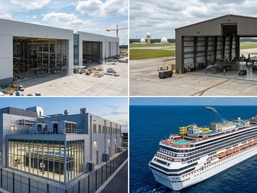 Collage of large industrial buildings, military jets, and a cruise ship at sea.