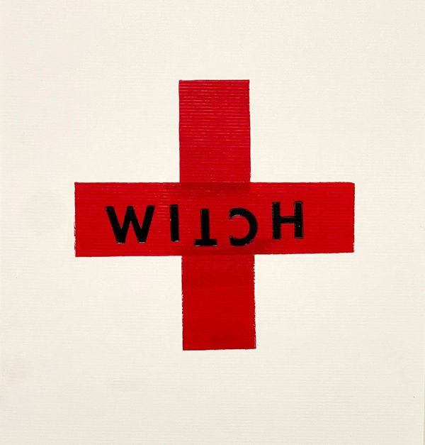 Red cross with black inverted text on white background.