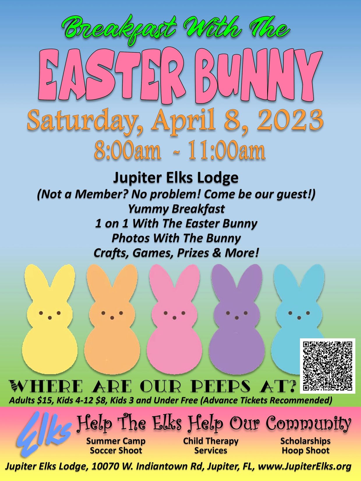 Colorful flyer for Easter Bunny breakfast event with crafts, photos, and games at Jupiter Elks Lodge.