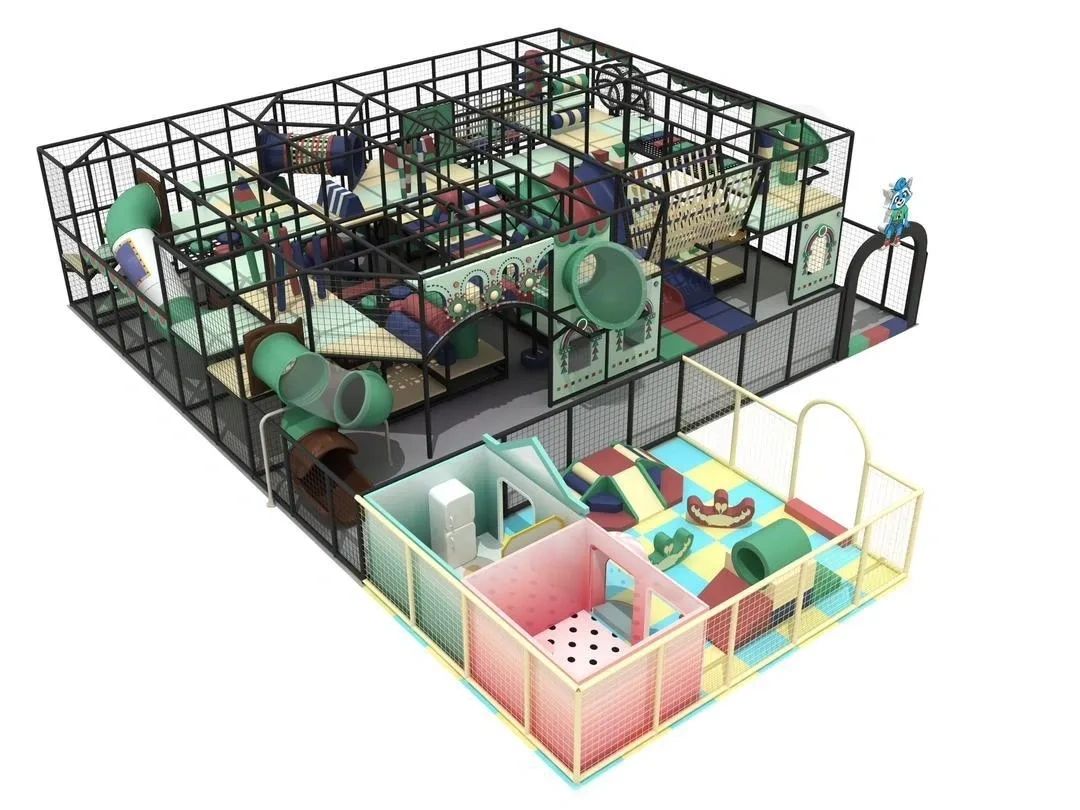 Indoor soft play area with slides, tunnels, and climbing structures.