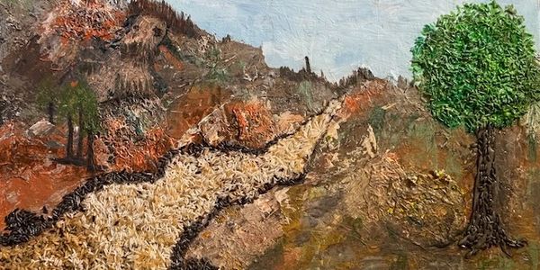 Textured landscape art with a rice path and green trees.