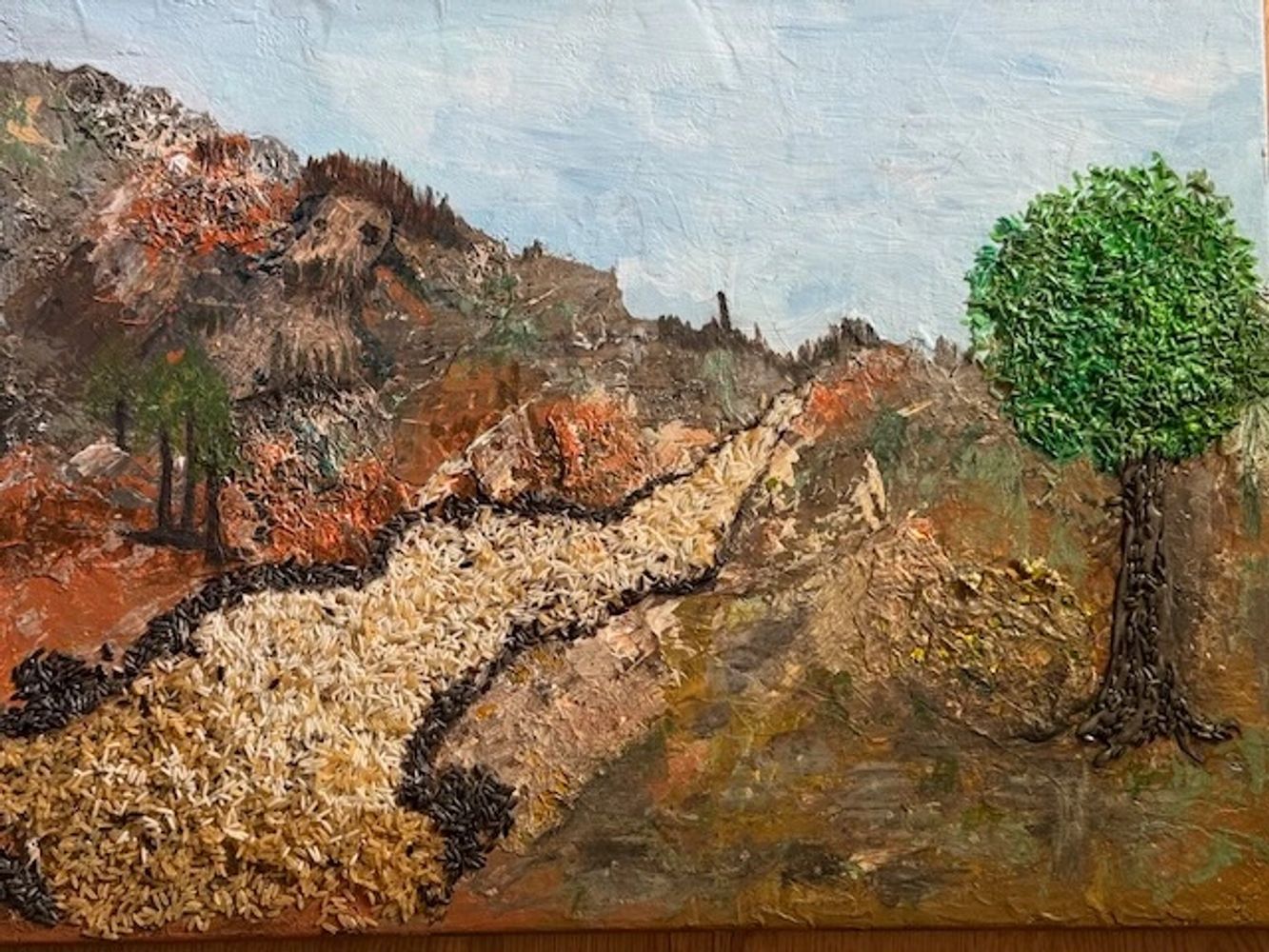 Textured landscape art with a rice path and green trees.
