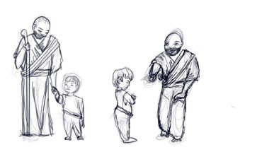 Sketch of two adults and two children, holding hands and interacting.