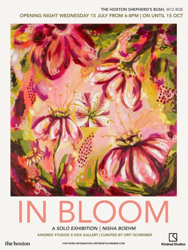 Art exhibition poster featuring vibrant floral painting.