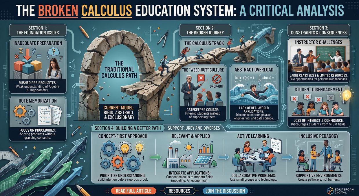 Infographic analyzing the broken calculus education system and suggesting improvements.