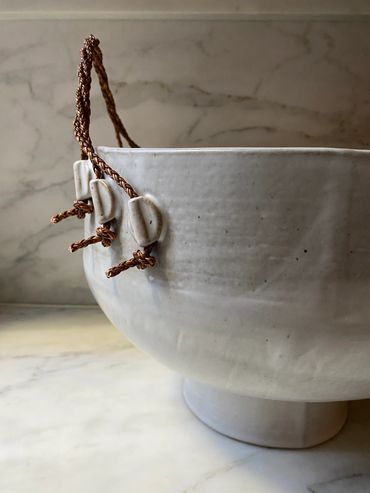 Stoneware Pedestal Bowl with Braided Leather Handles