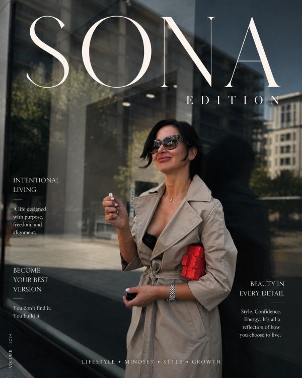 Woman in trench coat on magazine cover titled 'SONA Edition'.