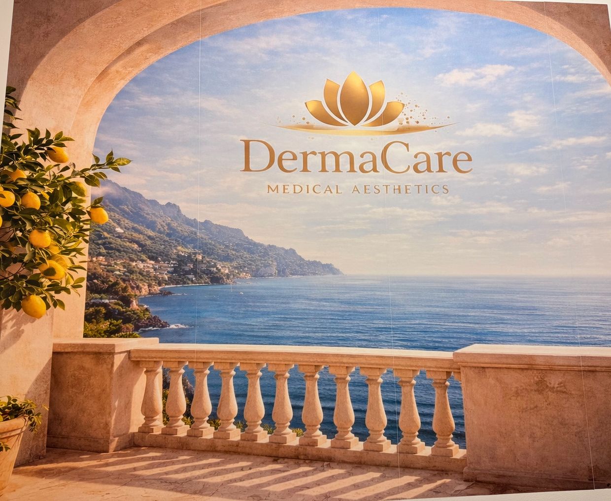 Scenic terrace view with DermaCare Medical Aesthetics logo overlooking the ocean.