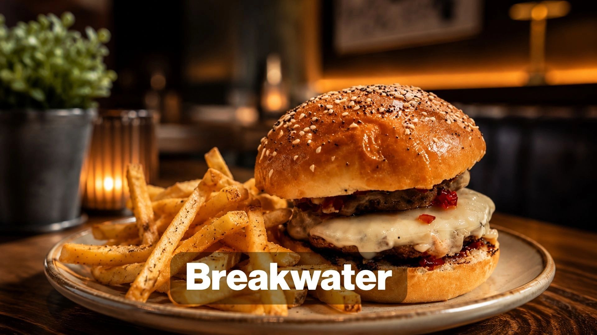 Cheeseburger with fries on a plate at Breakwater.